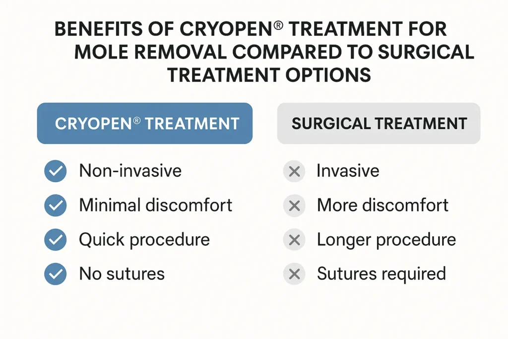 Table to show the benefits of getting moles removed Hampshire from LA LIPO