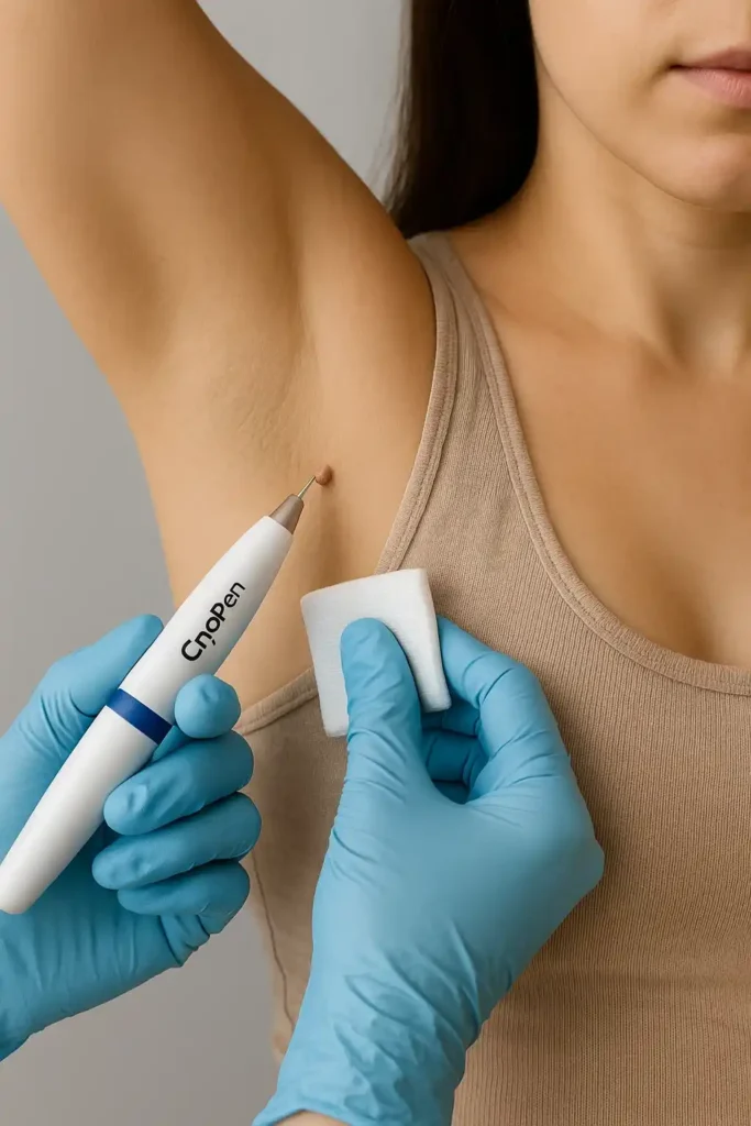 woman having cryopen to remove underarm skin tags Hampshire