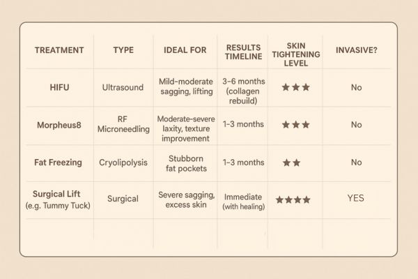 Table showing the comparisons of Skin tightening Hampshire treatment options.